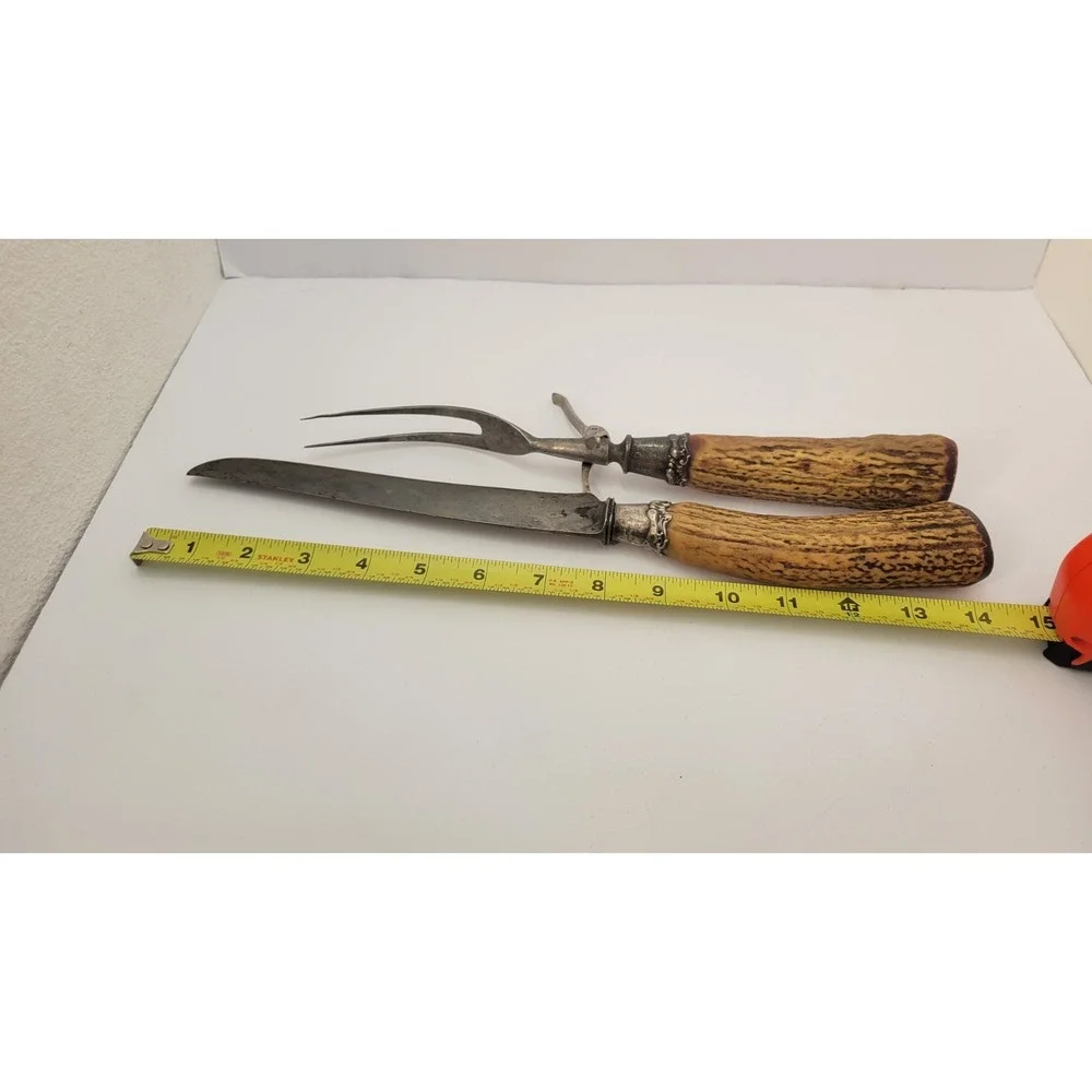 Antique Landers Frary Clark Stag Antler Carving Knife Fork Set Aetna Works